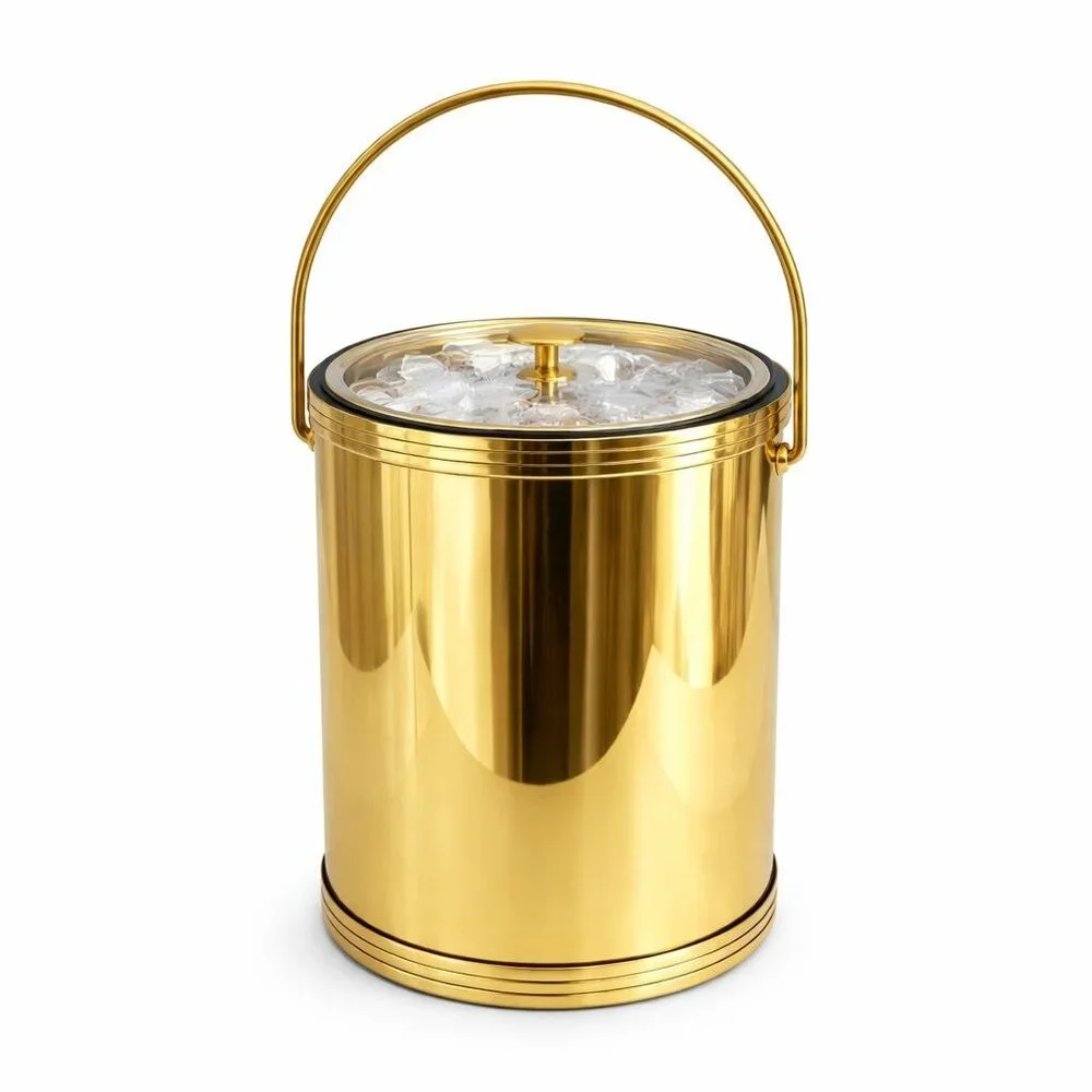 Vintage Kraftware Ice Bucket Gold Foil Tall MCM Regency Barware Clear Lid Retro